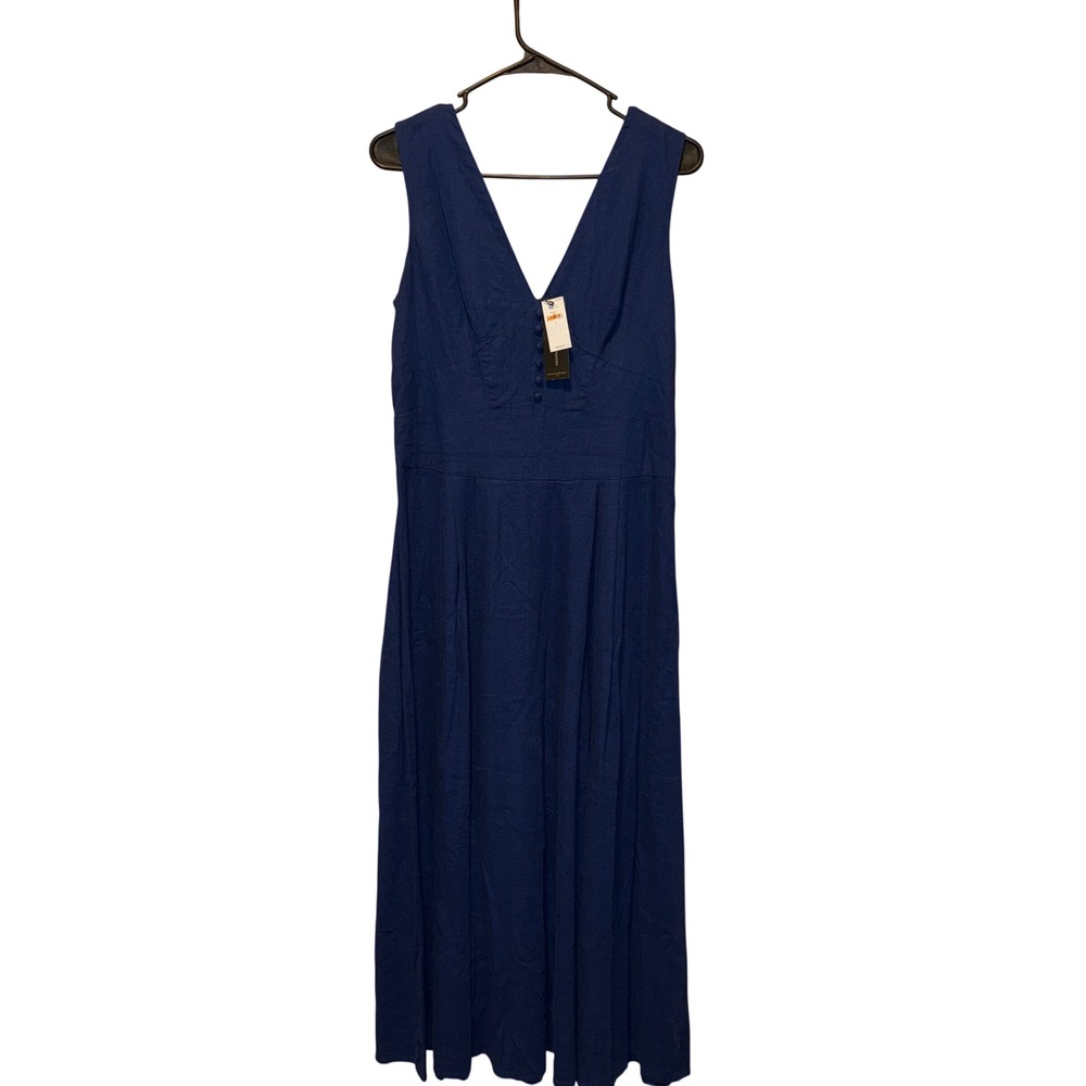 Banana Republic Linen Blend Midi Dress 6 navy‎ Blue V-Neck Sleeveless